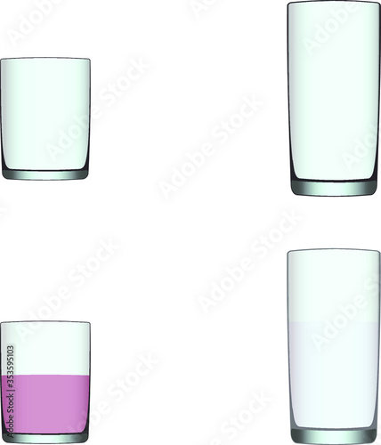 Two empty glasses and two glasses with clear white and pink liquids
