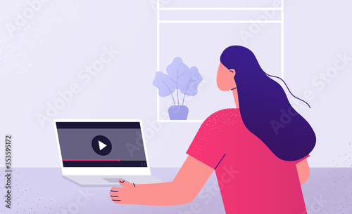 Woman watching video. Back view. Online education, work from home. Vector