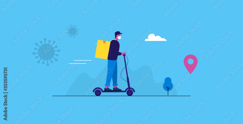 Online delivery service. Express delivery by electric scooter. Driver with medical mask. Vector