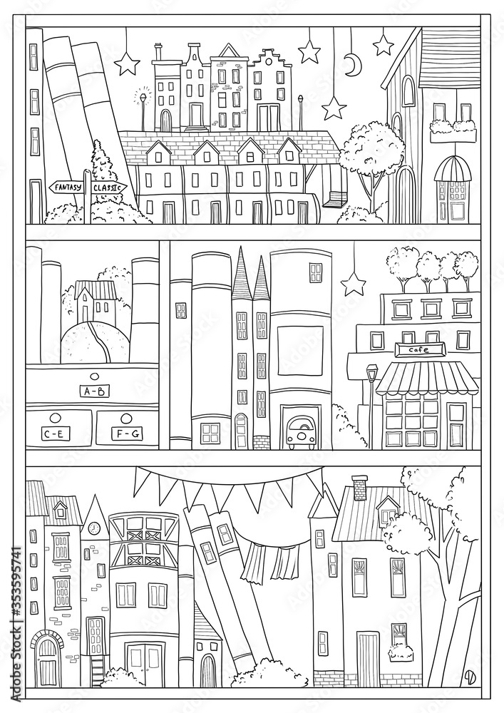 Magical bookshelf or bookcase with houses, trees, books and flags. Coloring page. Hand drawn illustration.