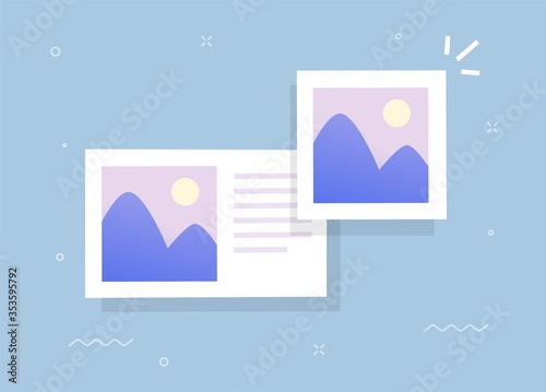 Photo album online with digital picture gallery watching and text comments or internet electronic photography images web files as blog post article vector flat cartoon illustration