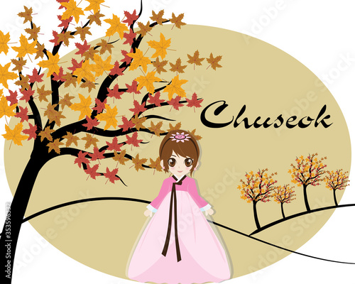 Happy Thanksgiving Day in Korea. Traditional Hanbok children characters greet. Rich harvest and Happy Chuseok  Hangawi  Korean translation.