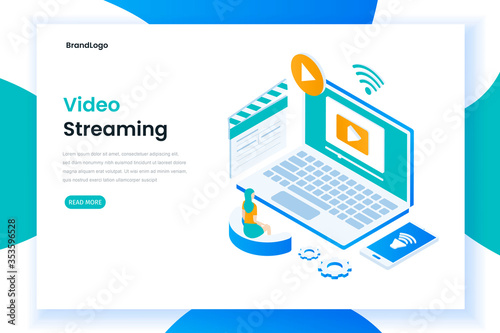 Isometric video streaming landing page template. Illustration for websites, landing pages, mobile applications, posters and banners