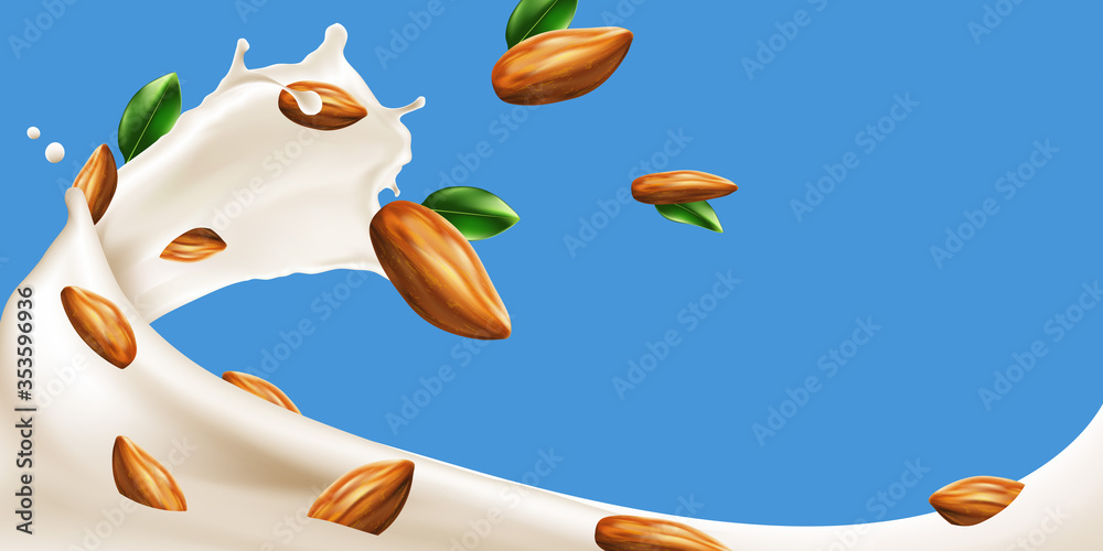Naklejka premium Almond Milk or yogurt swirl with beans on blue background, milk splashing realistic illustration ready for ads, labels and packaging desing uses. Bitmap copy