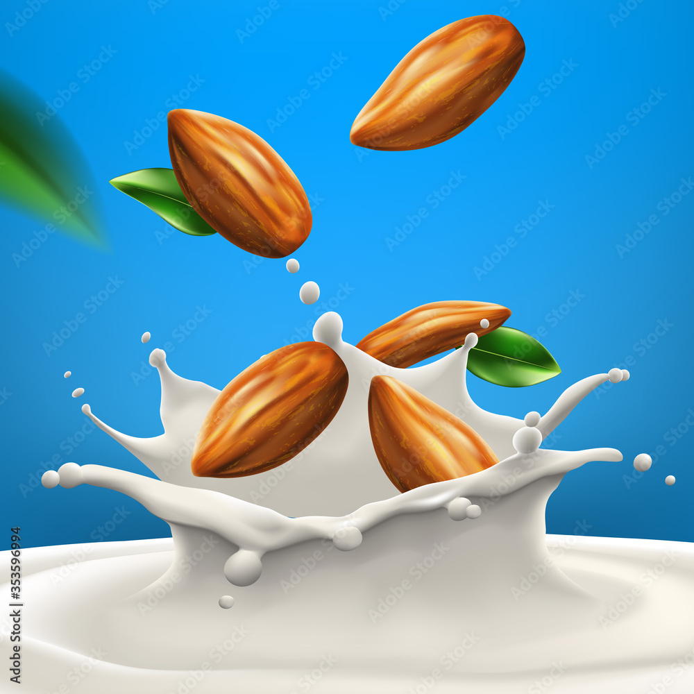 Naklejka premium Almond Milk or yogurt swirl with beans on blue background, milk splashing realistic illustration ready for ads, labels and packaging desing uses. Bitmap copy