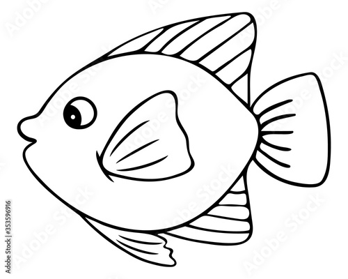 Sea fish. Imperial angel. Vector illustration. Outline on a white isolated background. Inhabitant of the ocean. Hand drawing style. Sketch. Coloring book for children and adults. Idea for web design.