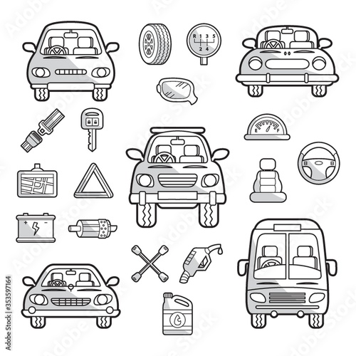 Set of cars and its parts