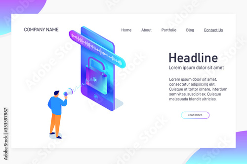 Landing page template with isometric concept, man unlock phone by voice, website main page