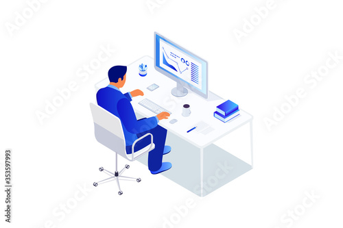Isometric concept man using computer at workplace. © aklionka