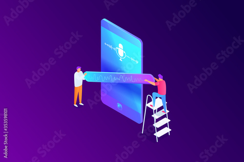 Isometric concept of voice message communication by phone, recording, people having online conversation