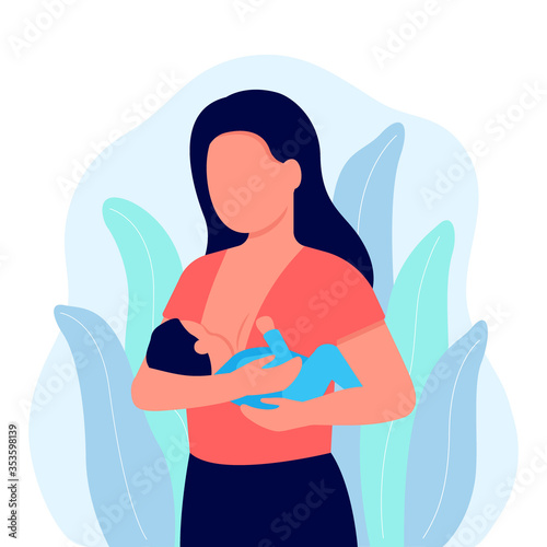 Breastfeeding, mother feeding newborn baby with breast in hands. Child boy drinks milk from the female breast. Breast feeding, happy mother day. Lactation. Vector illustration