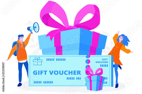 Gift voucher, happy people win a prise. Vector illustration for web banner, infographics, mobile. 