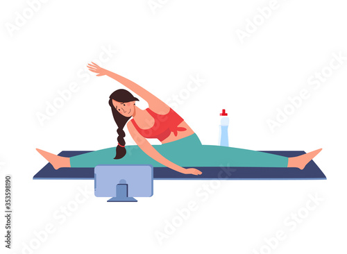 Workouts online, fitness, vector. The girl goes in for sports at home via video communication on the tablet. The woman does gymnastics,.trains flexibility, sat on the twine and makes bends. isolated