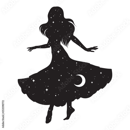 Beautiful dancing gypsy silhouette with crescent moon and stars isolated. Boho chic tattoo, sticker or print design vector illustration.