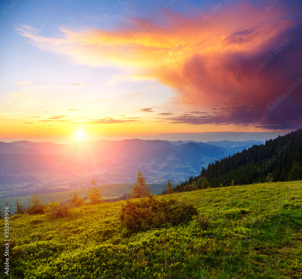 Picturesque sunset in the alpine highlands. Location place Carpathian mountains, Ukraine, Europe.