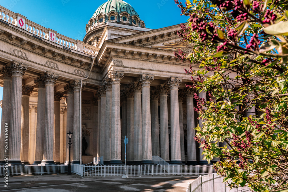Kazan Cathedral on a Sunny summer day, a beautiful green Bush on the side and the glare of the sun in St. Petersburg