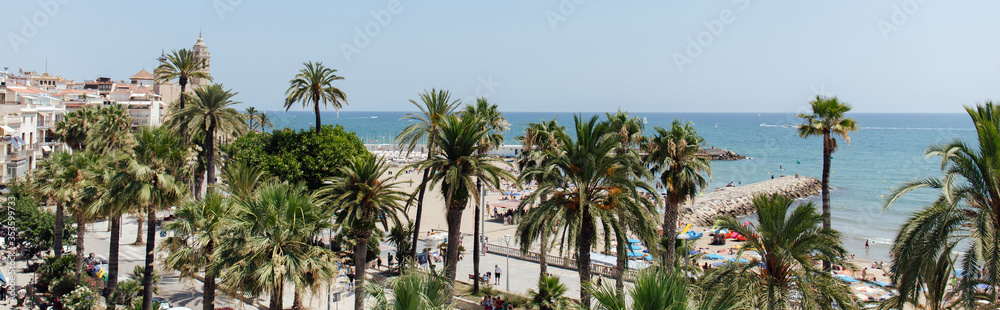 Panoramic shot of palm trees on sea coast in Catalonia, Spain