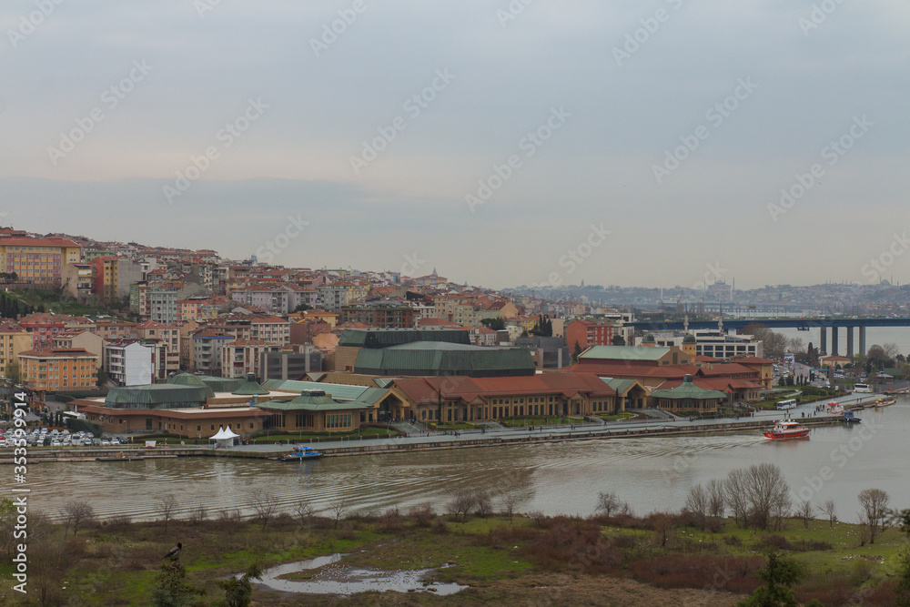 View of Golden Horn Bay in the Euyp area of Istanbul in rainy weather. Turkey