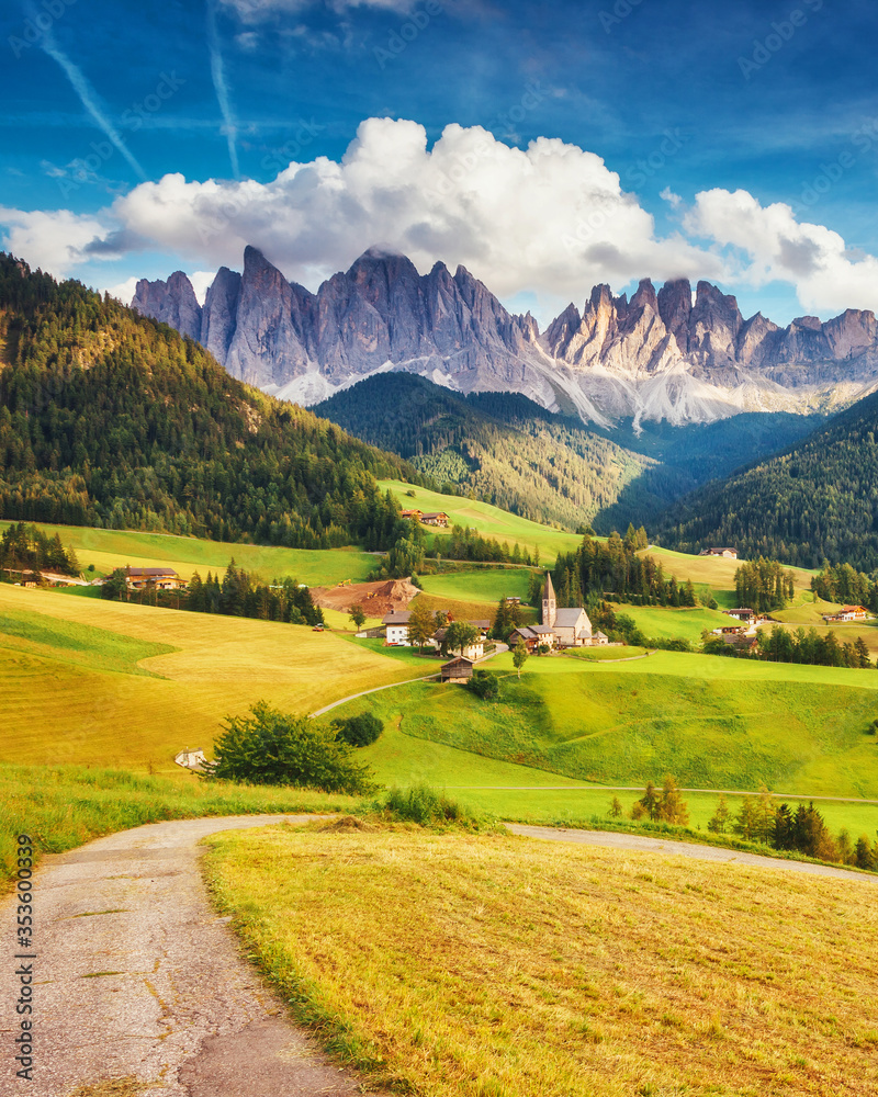 View of the Funes valley. Dolomites, South Tyrol. Location Bolzano, Italy, Europe.