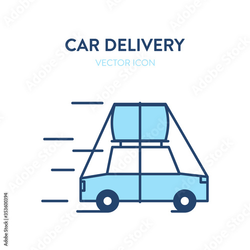 Loaded car icon. Vector illustration of a car with a large cargo secured by ropes on the roof. Transportation icon of a vehicle with a large cargo. Overloaded auto fun illustration