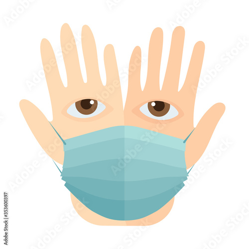 Raised hands palms with eyes and medical mask vector illustration. Abstract face from hands with eyes on palms and protective mask. Concept of hand washing and infection protection. Reducing the Risk 