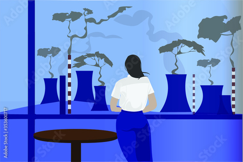 During corona virus outbreak a young woman stays at home watching how the closure of industries lead to cleansing of environment vector illustration