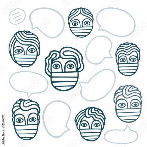 Outline drawing abstract face icons with medical protective face masks and speech bubbles. Part of set.