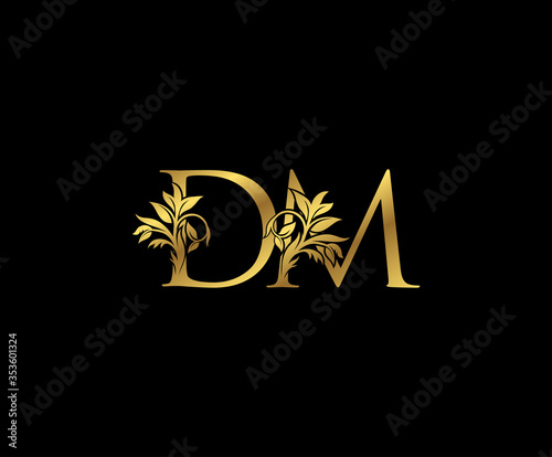 Classy Gold letter D,M and DM Vintage decorative ornament letter stamp, wedding logo, classy letter logo icon.