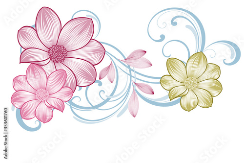 Floral pattern with flowers dahlia and abstract leaves.
