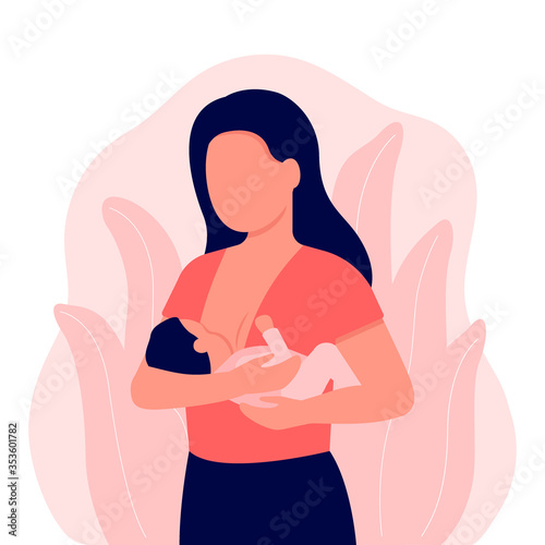 Breastfeeding, mother feeding newborn baby with breast in hands. Child girl drinks milk from the female breast. Breast feeding, happy mother day. Lactation. Vector illustration
