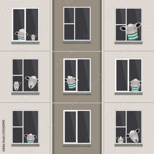 A flock of sheep hid in a high panel house. Vector illustration.