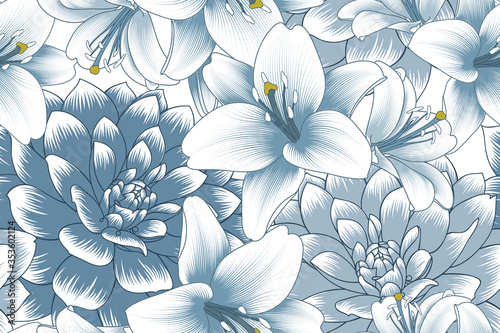 Floral seamless pattern with lily and dahlia flowers. Vector flower elements for wallpaper design, wall decoration, greeting cards, posters, wedding invitations.