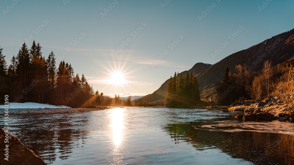 sunset over the river, mountains