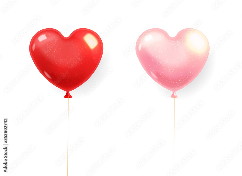 Realistic heart balloons, red and pink isolated with white background, love decoration, valentines day