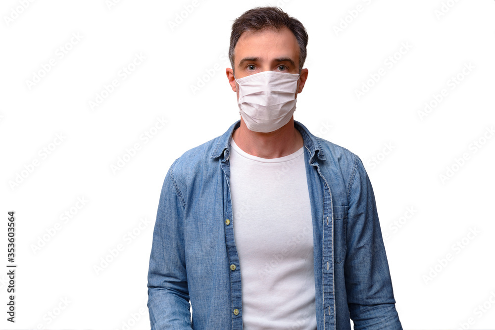 Casual adult man with face mask looking forward isolated Casual adult man with face mask looking forward isolated