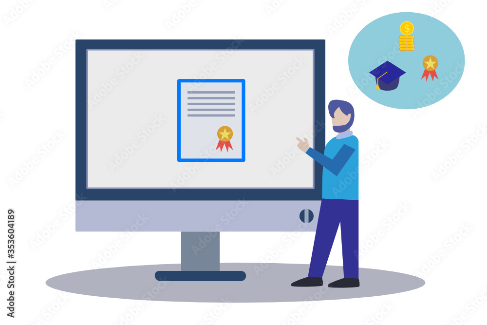 Studying Man. Online learning concept. Safe from virus outbreak. Vector illustration in flat style. Studying Man. Online learning concept. Safe from virus outbreak. Vector illustration in flat style.