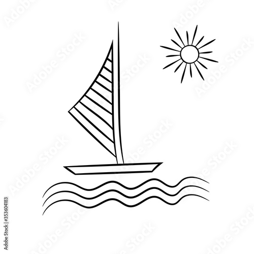 The boat sails on the sea. A simple sketch drawn by hand.Summer vector illustration in Doodle  style on a white background. For the design of icons, logos, and children's coloring books.