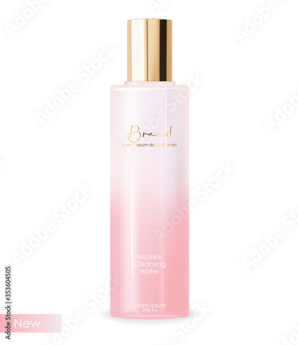 Realistic cosmetics skin care, micellar cleansing water, pink bottle packaging mockup 3d, floral liquid, pink cosmetics, face treatment vector illustration