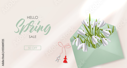 Hello spring, 1 march, 8 march, realistic snowdrop in the envelope, realistic martisor spring symbol, floral banner, season bouquet vector illustration