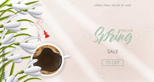 Hello spring, 1 march, 8 march, realistic snowdrop, martisor and coffee, spring symbol, floral banner, season bouquet vector illustration