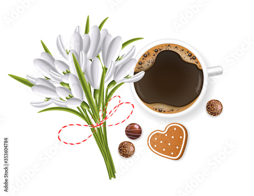 Hello spring, 1 march, 8 march, realistic snowdrop, martisor, chocolate, biscuit and coffee, spring symbol, floral banner, season bouquet vector illustration