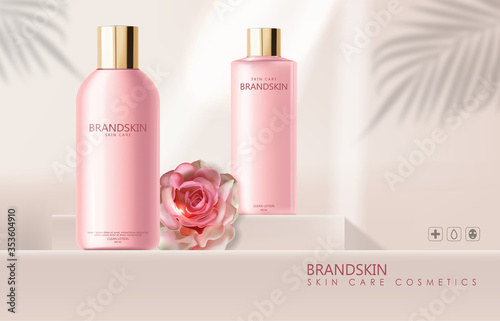 Realistic cosmetics skin care and rose, cleanser lotion, pink bottle packaging mockup 3d, floral liquid, pink cosmetics, rose background, face treatment vector illustration