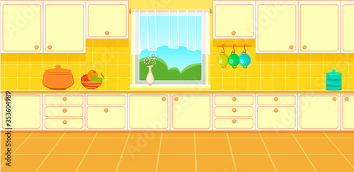 illustration of sweet yellow cartoon kitchen 