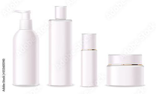 Realistic cosmetics, pink design, white bottle set, packaging mockup, skin care cosmetics, hydration cream, toner, cleanser, beauty card, face treatment, isolated container 3d white background vector
