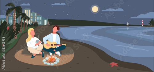 Evening picnic at sandy beach flat color vector illustration. Summertime recreation. Romantic couple 2D cartoon character with ocean and tropical palm trees at midnight on background