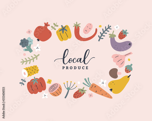 Vegetable and fruit vector template, modern design wreath border with hand drawn illustrations of food, vector frame with copy space, earthy colors, organic wgole foods concept for banner, card