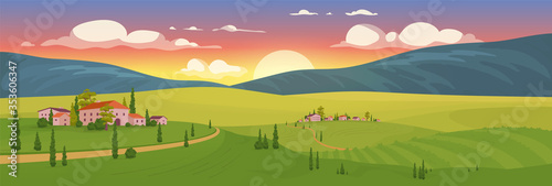 Summer sunrise in village flat color vector illustration. Tuscan scenery 2D cartoon landscape with mountains on background. Sunset in small French town. Vineyard at dawn