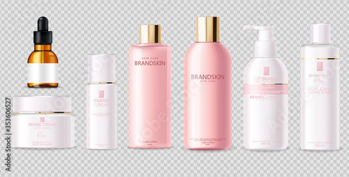 Realistic cosmetics, pink design, white bottle set, packaging mockup, skin care, hydration cream, toner, cleanser, serum, beauty card, face treatment, isolated container 3d white background vector