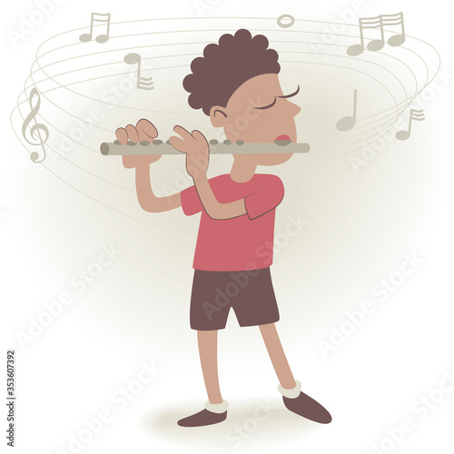 Boy playing the flute. Retro style illustration of a little boy playing the flute.
