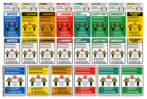 Bilingual Social Distancing Construction Sign Isolate On White Background,Vector Illustration EPS.10